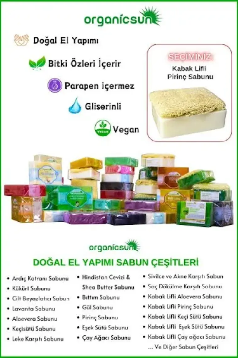 Organicsun Doğal Kabak Lifli Pirinç Sabunu 120 gr Tüm Cilt Tipleri Için Beyazlatma Etkili E ve B Vitaminli