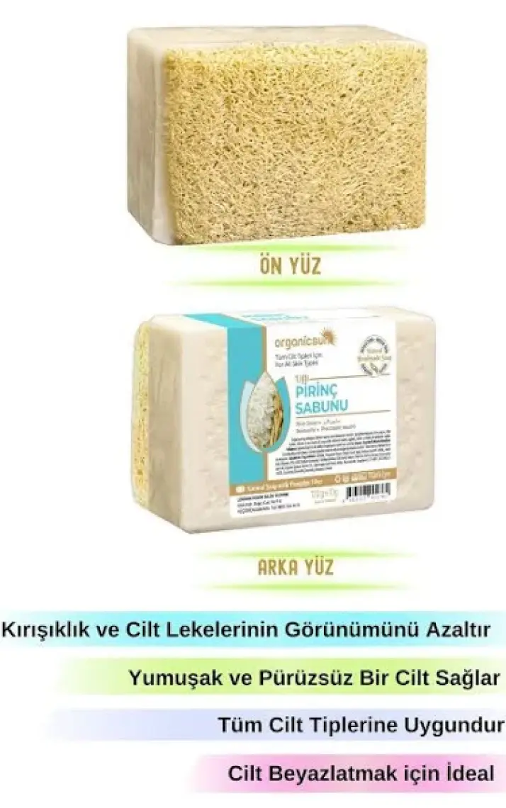 Organicsun Doğal Kabak Lifli Pirinç Sabunu 120 gr Tüm Cilt Tipleri Için Beyazlatma Etkili E ve B Vitaminli