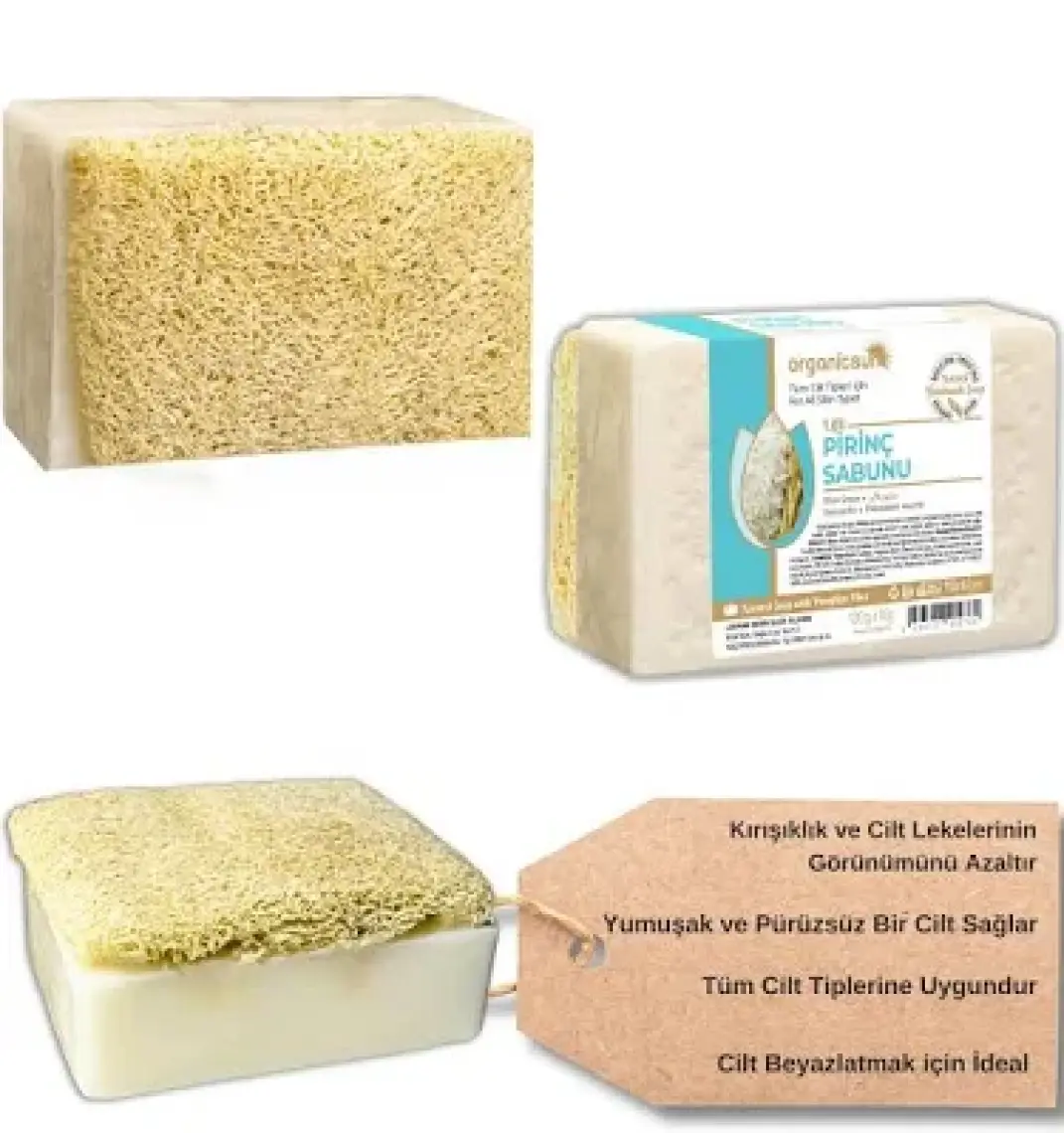 Organicsun Doğal Kabak Lifli Pirinç Sabunu 120 gr Tüm Cilt Tipleri Için Beyazlatma Etkili E ve B Vitaminli