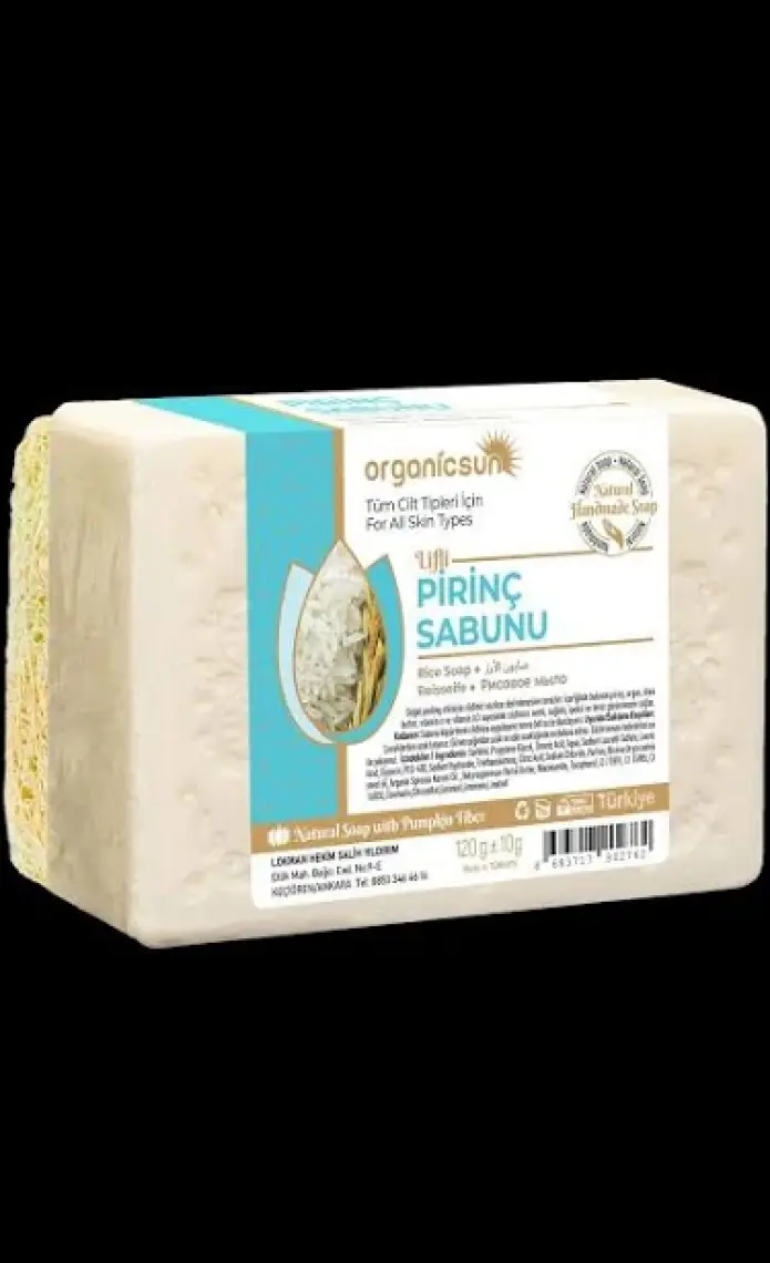 Organicsun Doğal Kabak Lifli Pirinç Sabunu 120 gr Tüm Cilt Tipleri Için Beyazlatma Etkili E ve B Vitaminli