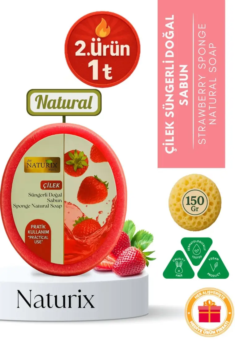 Naturix Doğal Strawberry Soap Peeling Etkili Cilt Arındırıcı Natural Çilek Süngerli Sabun 150 gr