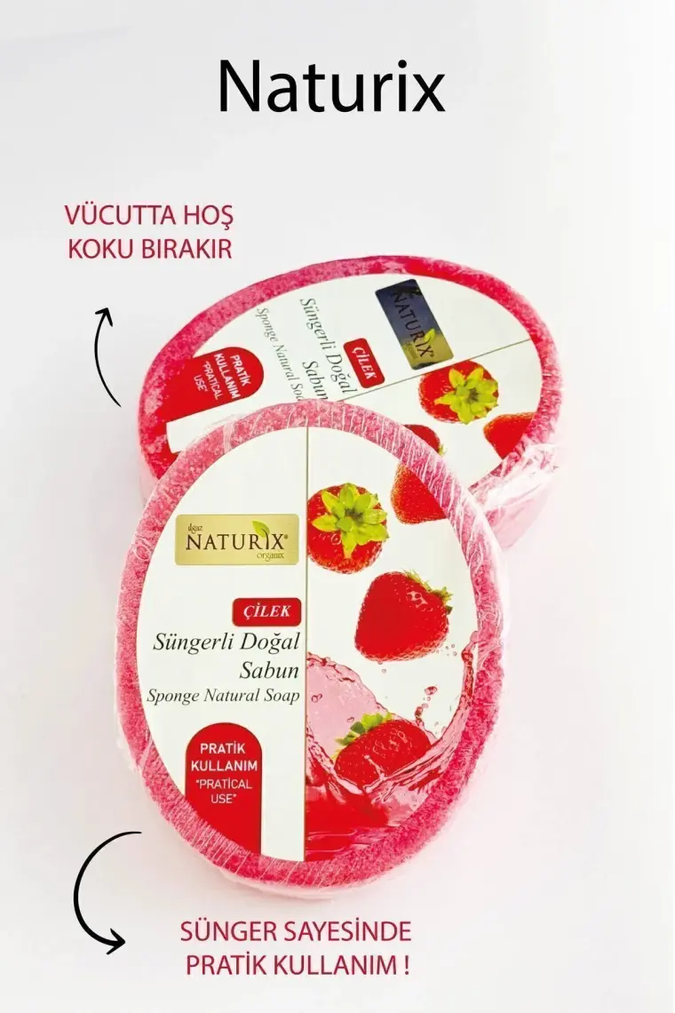 Naturix Doğal Strawberry Soap Peeling Etkili Cilt Arındırıcı Natural Çilek Süngerli Sabun 150 gr