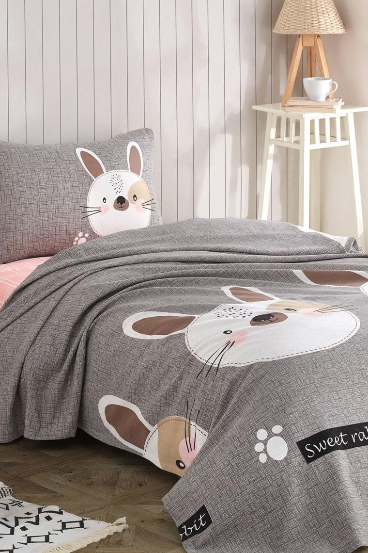 Eponj Home Baskılı Pike Takımı Tek Kişilik Tavşancık A.Kahve-Gri-Pembe