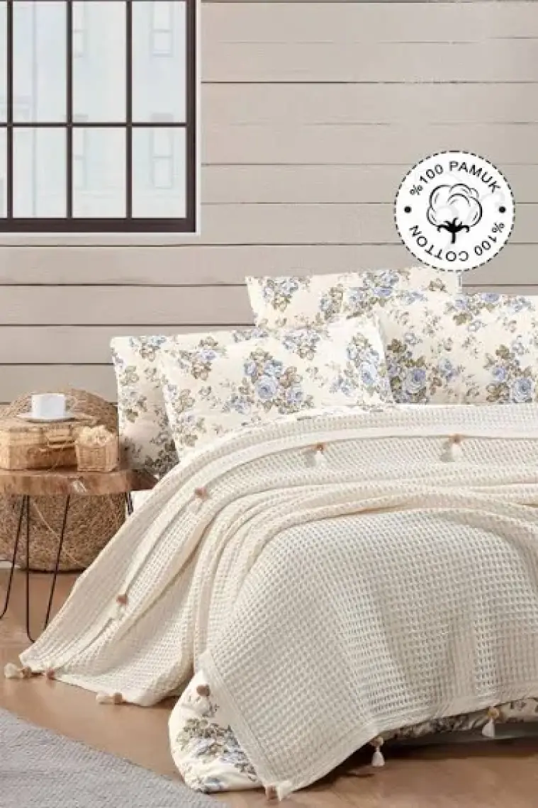 %100 Pamuklu Çift Kişilik Yatak Örtüsü Pike, Waffle Desen Ponponlu Indigo Pike