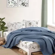 %100 Pamuklu Çift Kişilik Yatak Örtüsü Pike, Waffle Desen Ponponlu Indigo Pike