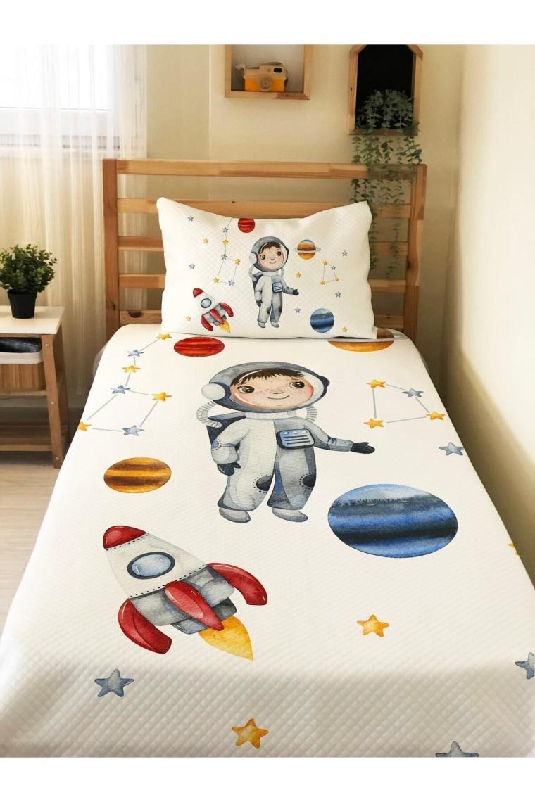 Astronot Desenli Bebek Ve Çocuk Baskılı Tek Kişilik Pike Takımı 160x230 Beyaz