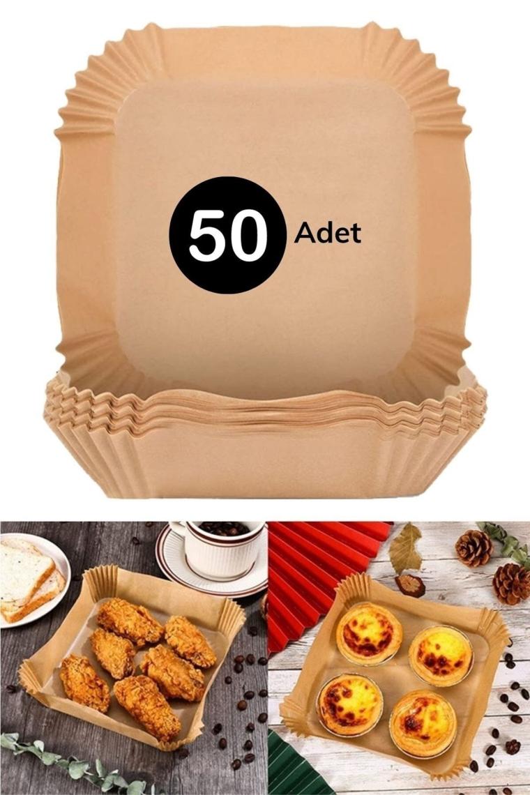 50 Adet Kutulu Air Fryer Pişirme Kağıdı Tek Kullanımlık Hava Fritöz Yağ Geçirmez Kare Tabak Model