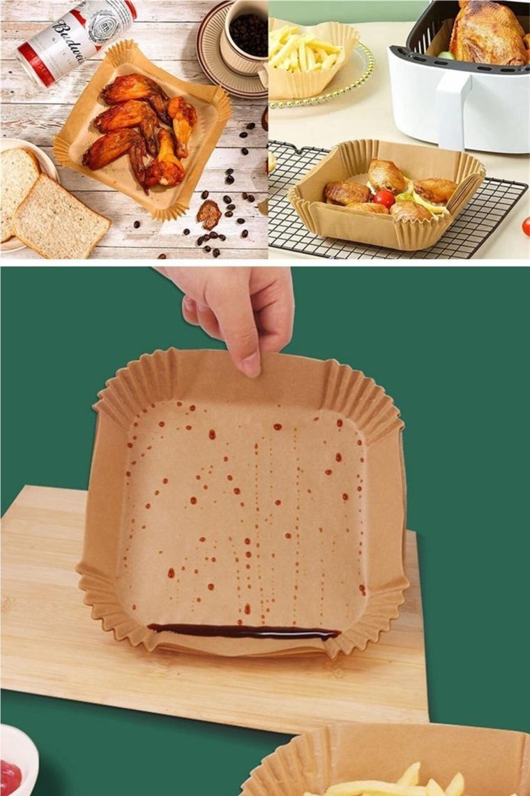 50 Adet Kutulu Air Fryer Pişirme Kağıdı Tek Kullanımlık Hava Fritöz Yağ Geçirmez Kare Tabak Model