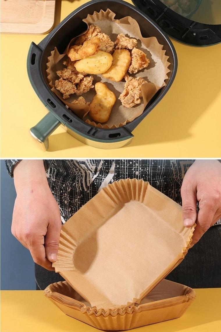 50 Adet Kutulu Air Fryer Pişirme Kağıdı Tek Kullanımlık Hava Fritöz Yağ Geçirmez Kare Tabak Model