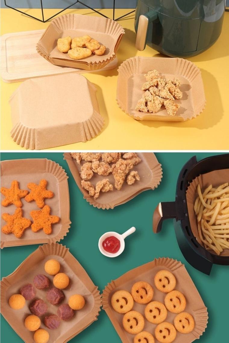 50 Adet Kutulu Air Fryer Pişirme Kağıdı Tek Kullanımlık Hava Fritöz Yağ Geçirmez Kare Tabak Model