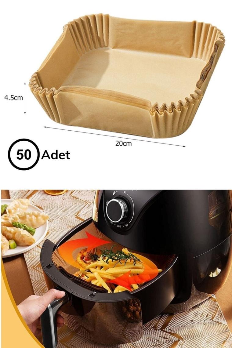 50 Adet Kutulu Air Fryer Pişirme Kağıdı Tek Kullanımlık Hava Fritöz Yağ Geçirmez Kare Tabak Model