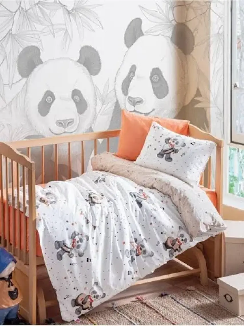 Cotton Box %100 Pamuk Turuncu & Panda Desenli Bebek Nevresim Takımı- Yumuşak Bebek Odası Seti- Box Musico Oranj