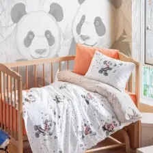Cotton Box %100 Pamuk Turuncu & Panda Desenli Bebek Nevresim Takımı- Yumuşak Bebek Odası Seti- Box Musico Oranj