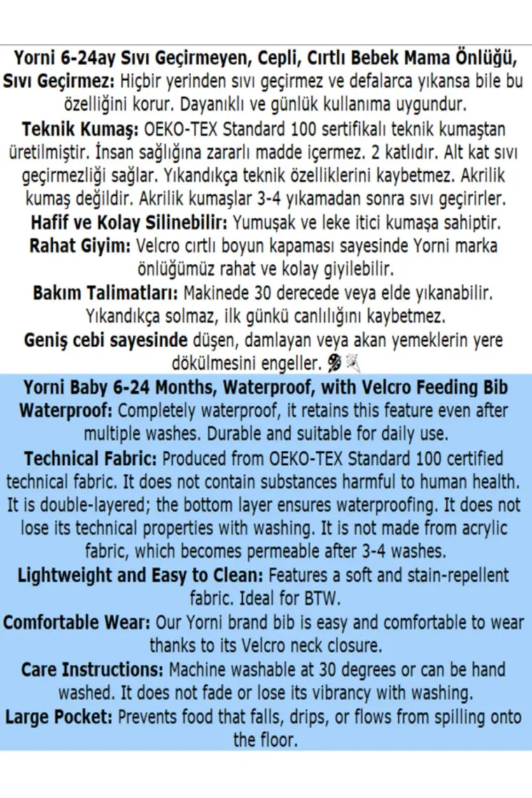 Yorni , 3-24ay, Zoo Sızdırmaz, Cepli ve Boyundan Cırtlı Bebek Mama Önlüğü, Önlük