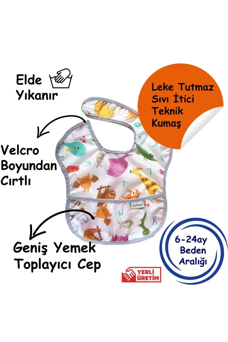 Yorni , 3-24ay, Zoo Sızdırmaz, Cepli ve Boyundan Cırtlı Bebek Mama Önlüğü, Önlük