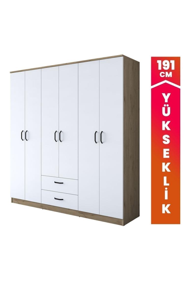 Rani Ba115 Geniş Gardırop Elbise Dolabı 6 Kapaklı 2 Çekmeceli 5 Raflı 3 Askılı Sepet Ceviz - Beyaz