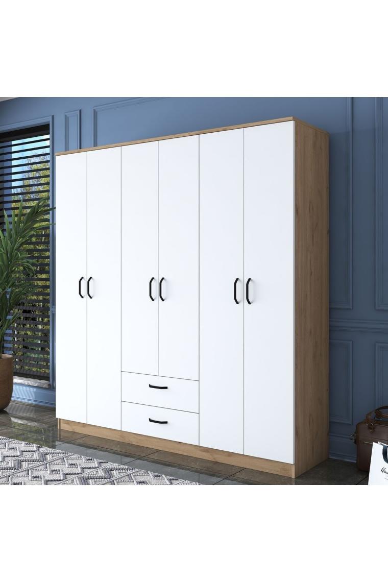 Rani Ba115 Geniş Gardırop Elbise Dolabı 6 Kapaklı 2 Çekmeceli 5 Raflı 3 Askılı Sepet Ceviz - Beyaz