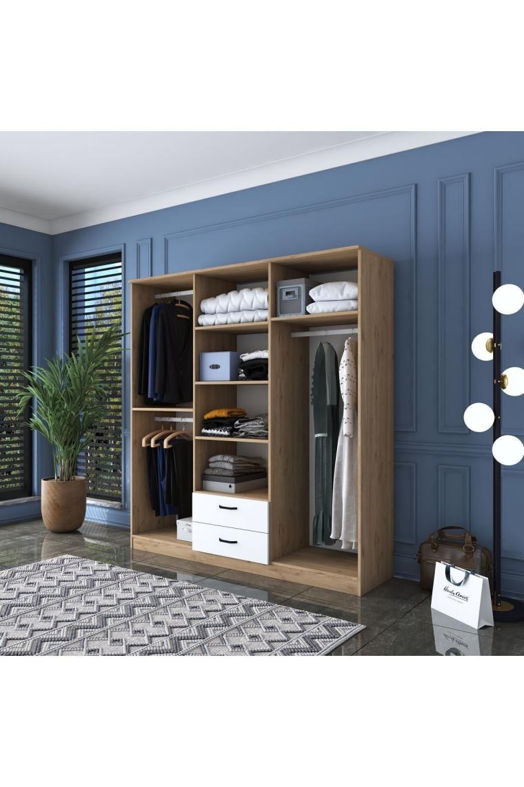 Rani Ba115 Geniş Gardırop Elbise Dolabı 6 Kapaklı 2 Çekmeceli 5 Raflı 3 Askılı Sepet Ceviz - Beyaz