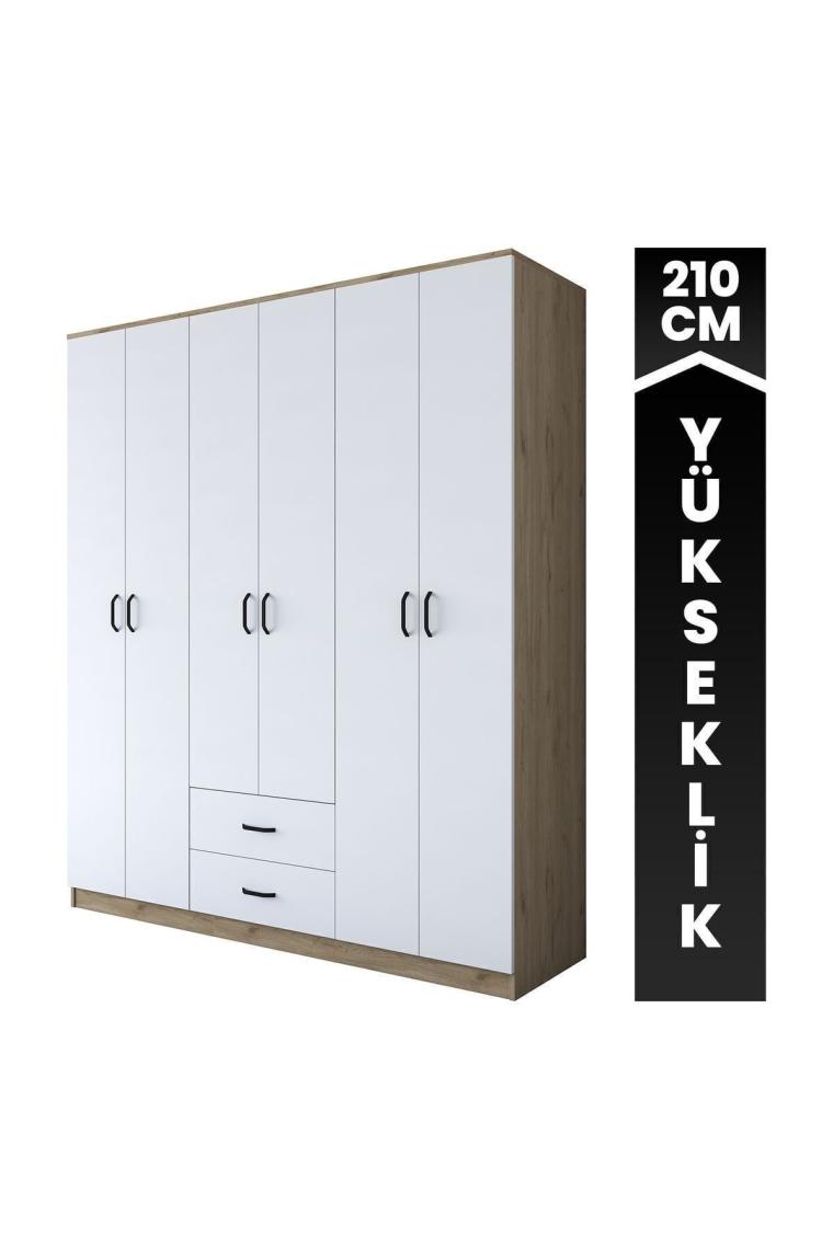 Rani Ba113 Geniş Gardırop Elbise Dolabı 6 Kapaklı 2 Çekmeceli 5 Raflı 3 Askılı Sepet Ceviz - Beyaz