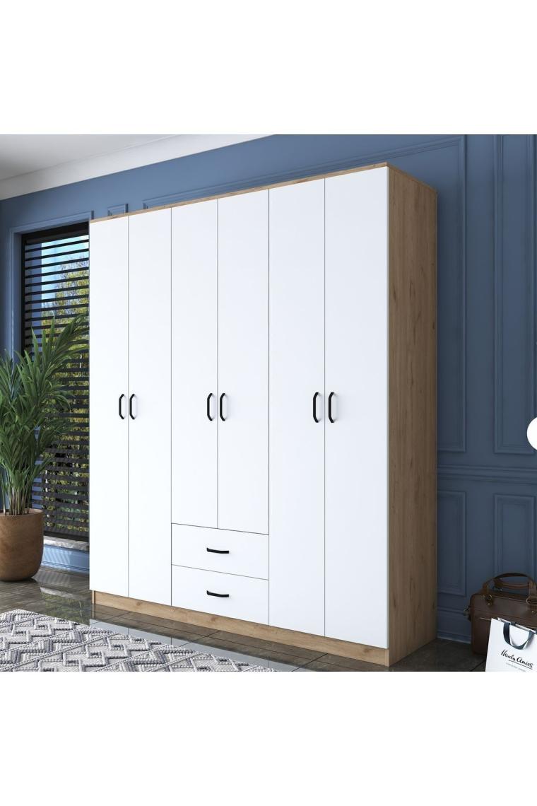 Rani Ba113 Geniş Gardırop Elbise Dolabı 6 Kapaklı 2 Çekmeceli 5 Raflı 3 Askılı Sepet Ceviz - Beyaz