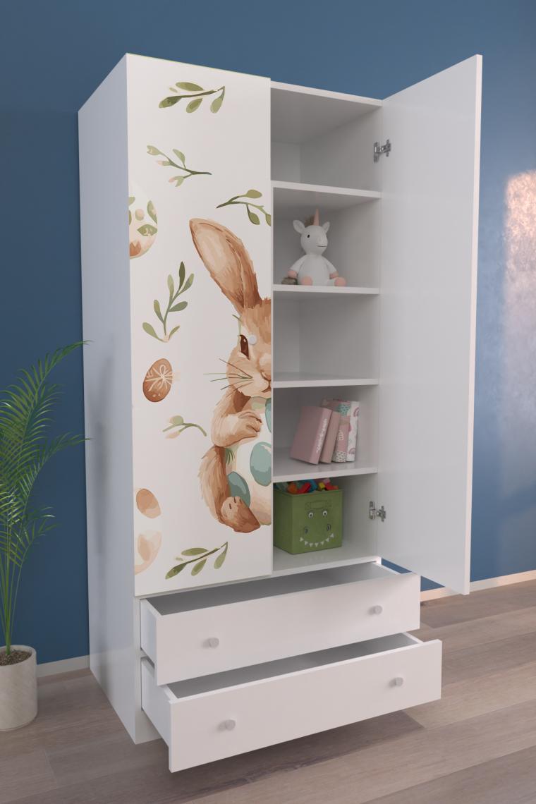 Hediyeler Kapında Çocuk Odası 2 Kapaklı Pretty Rabit Gardırop 5 Raflı 2 Çekmeceli Askılı Elbise Dolabı
