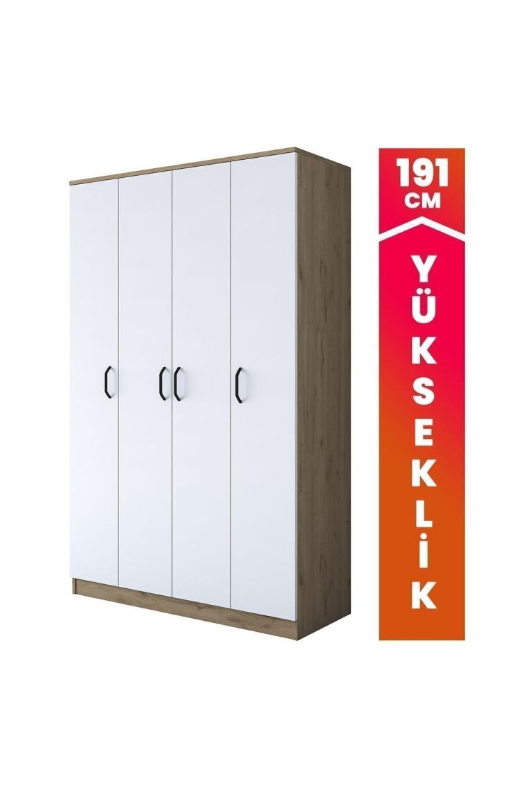 Rani Ba116 Geniş Gardırop Elbise Dolabı 4 Kapaklı 12 Raflı 2 Askılı Sepet Ceviz - Beyaz