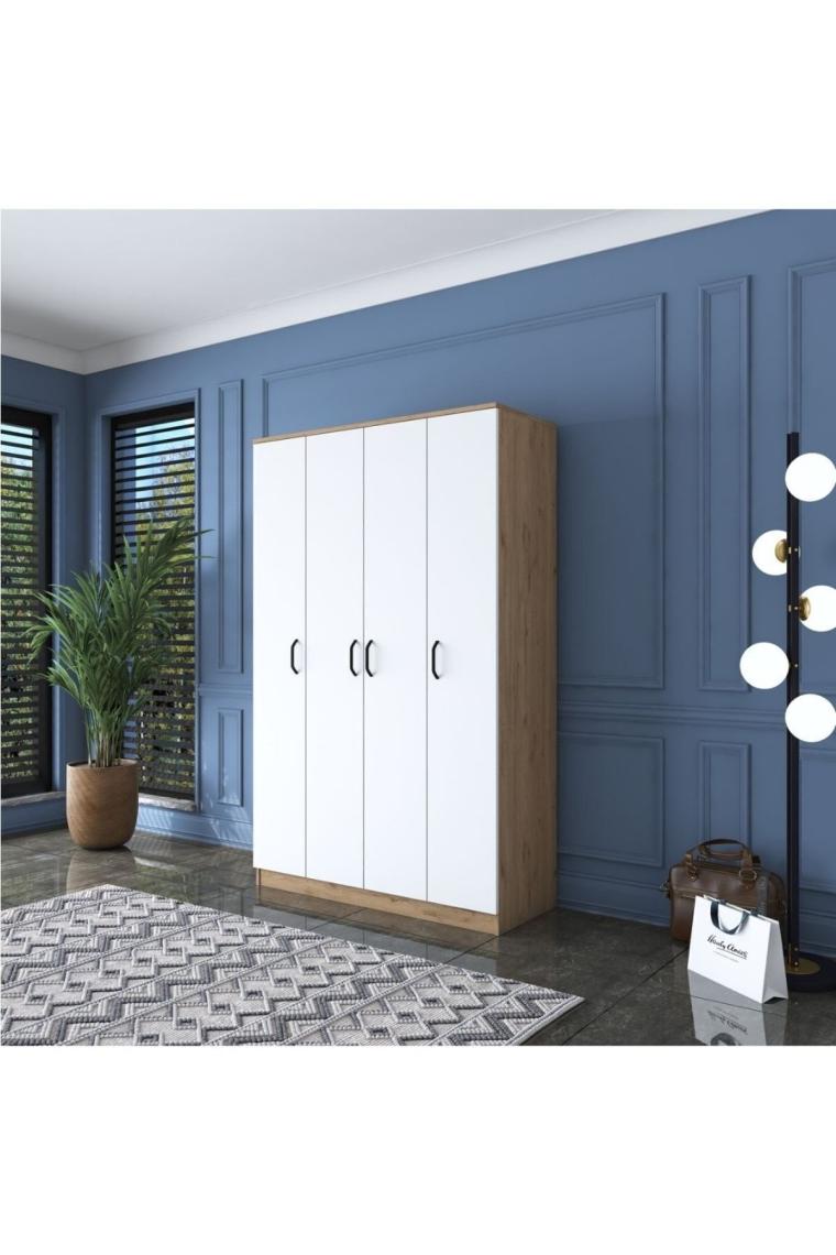 Rani Ba116 Geniş Gardırop Elbise Dolabı 4 Kapaklı 12 Raflı 2 Askılı Sepet Ceviz - Beyaz