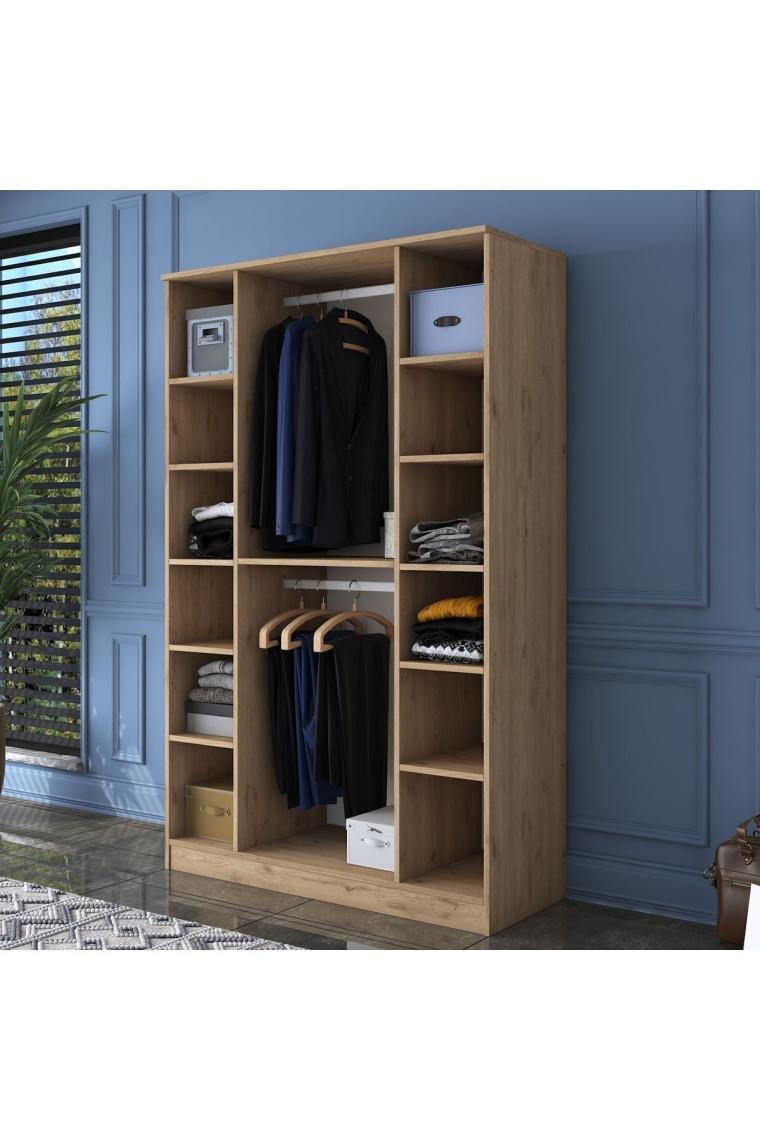 Rani Ba116 Geniş Gardırop Elbise Dolabı 4 Kapaklı 12 Raflı 2 Askılı Sepet Ceviz - Beyaz