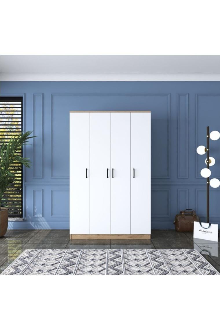 Rani Ba116 Geniş Gardırop Elbise Dolabı 4 Kapaklı 12 Raflı 2 Askılı Sepet Ceviz - Beyaz