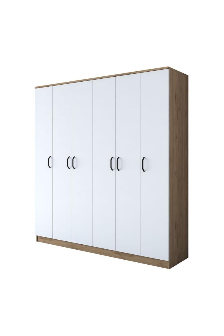 Rani Ba114 Geniş Gardırop Elbise Dolabı 6 Kapaklı 16 Raflı 2 Askılı Sepet Ceviz - Beyaz