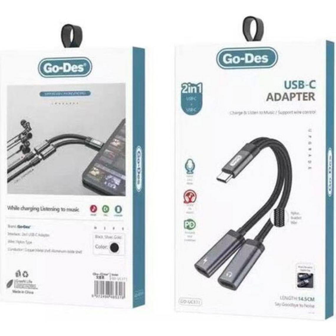 Go-Des Type-C Şarj ve Ses Dönüştürücü Go Des GD-UC311 Type-C 2in1 Kablo Siyah