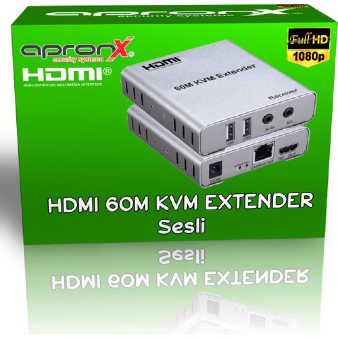 Apronx APX-USB60M CAT5E/CAT6 60M USB Fullhd 1080P 3D Kvm HDMI Extender HDMI Menzil Genişletici Uzatıcı Arttırıcı