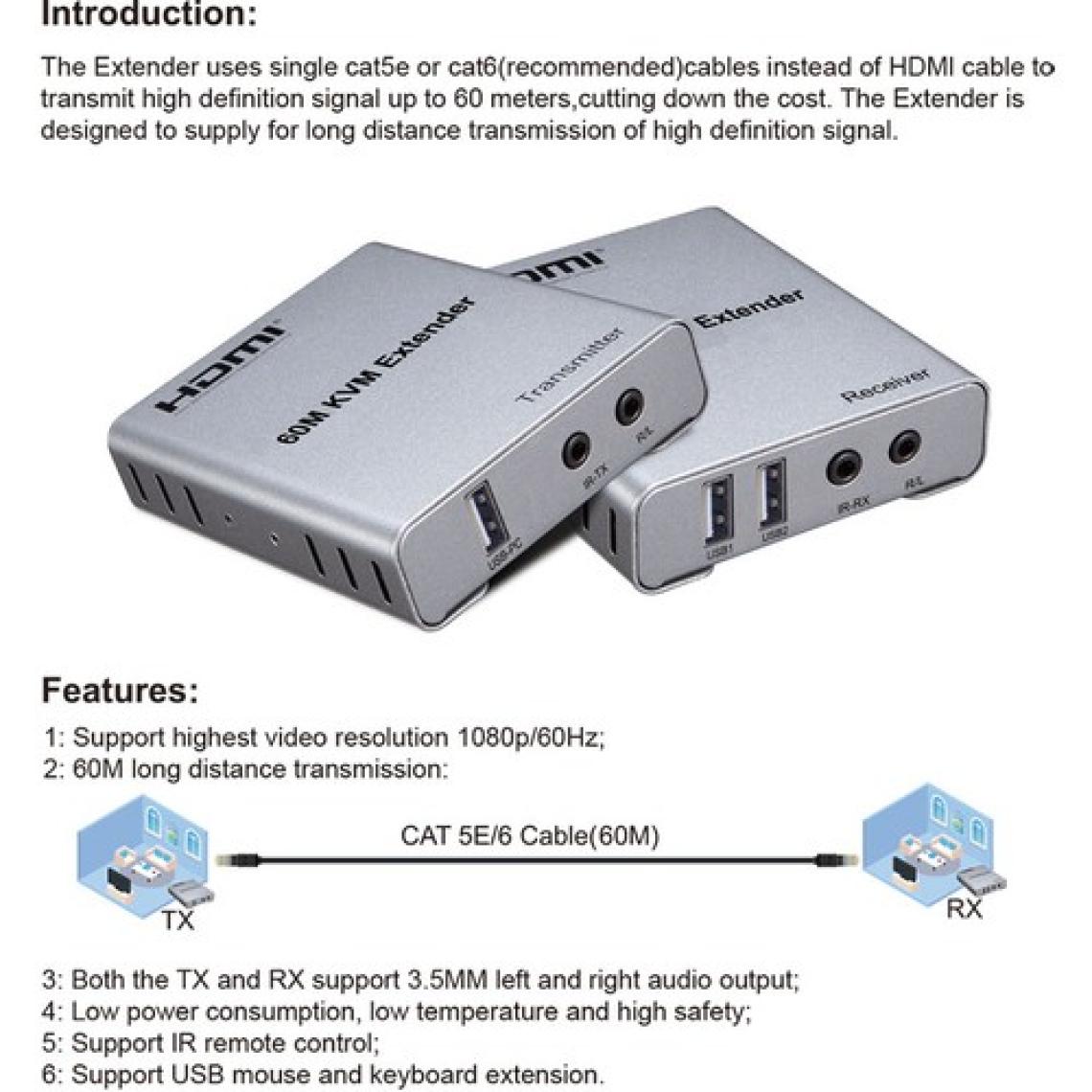 Apronx APX-USB60M CAT5E/CAT6 60M USB Fullhd 1080P 3D Kvm HDMI Extender HDMI Menzil Genişletici Uzatıcı Arttırıcı