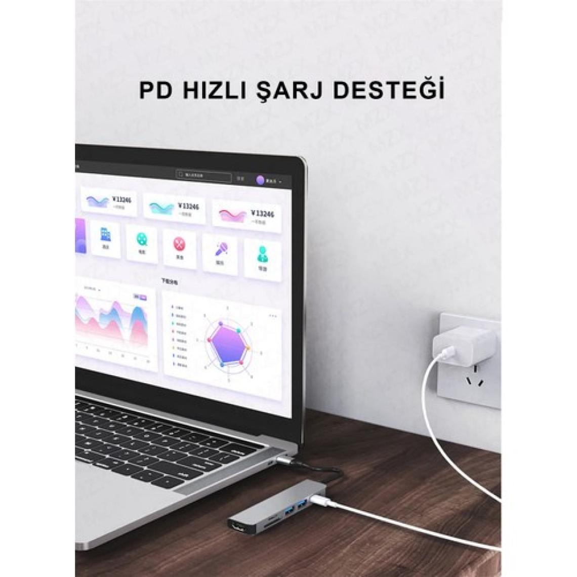 Foxyn FXN-10C 6ın1 Type-C To USB 3.0 Sd Tf 4K Hd HDMI Pd Kart Okuyucu Çevirici Dönüştürücü Adaptör
