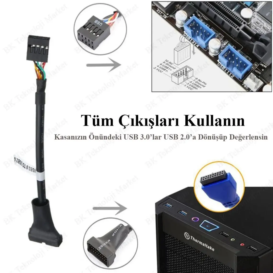 Ti-mesh Anakart Girişli Usb 2.0 9-Pin Female  Usb 3.0 20-Pin Male Dönüştürücü - 10Cm