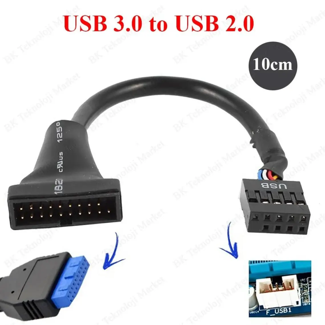 Ti-mesh Anakart Girişli Usb 2.0 9-Pin Female  Usb 3.0 20-Pin Male Dönüştürücü - 10Cm