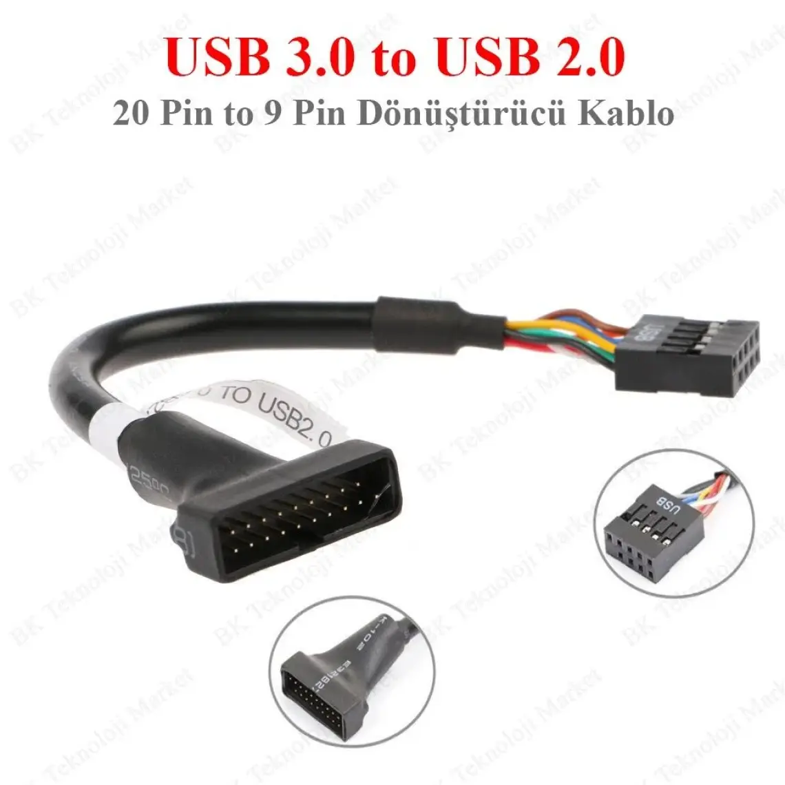 Ti-mesh Anakart Girişli Usb 2.0 9-Pin Female  Usb 3.0 20-Pin Male Dönüştürücü - 10Cm