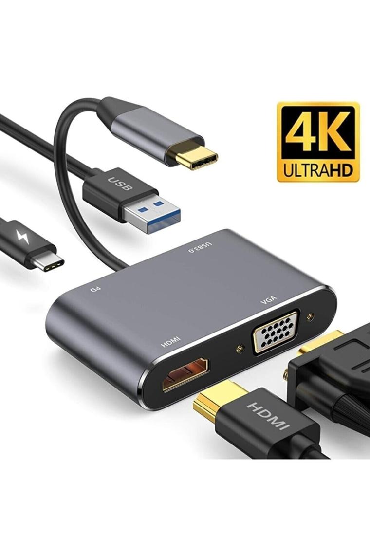 Cf02 4in1 Macbook Uyumlu Type-c To 4k Hdmı/vga/pd Şarj/usb3.0 Hub Adaptör