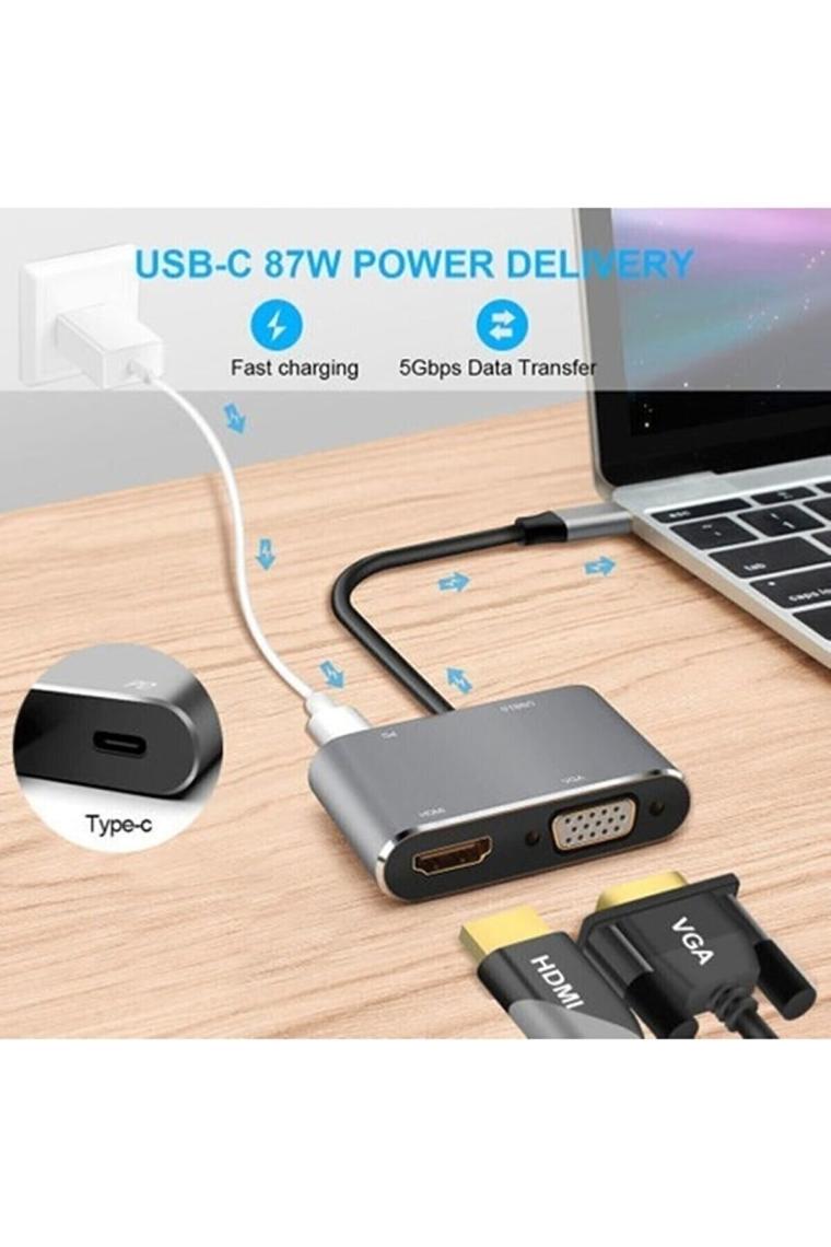 Cf02 4in1 Macbook Uyumlu Type-c To 4k Hdmı/vga/pd Şarj/usb3.0 Hub Adaptör