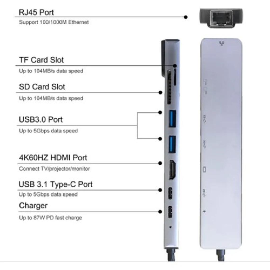 Airstorr 4K Çok Fonksiyonlu Adaptör 8V1 USB RJ45 Hd Ethernet Adaptörü USB 3.0  Kart Okuyucu Pd/sd/tf