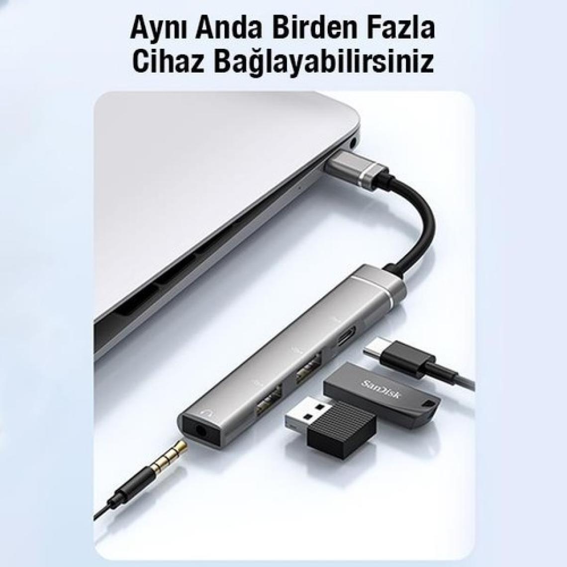 Coofbe 4in1 Type C Çoğaltıcı Çevirici Hub, 2x Usb, 1x Type C ve 1x 3.5mm Girişli Adaptör