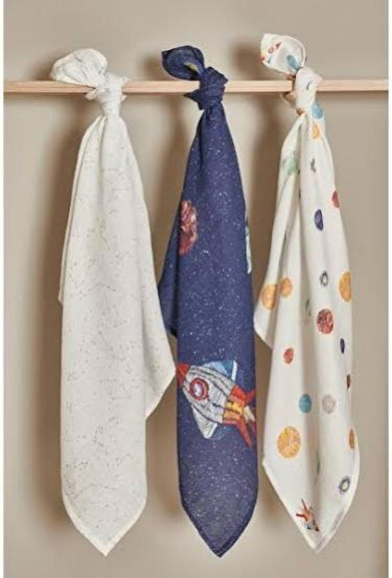 Casadora Baby Space Planet %100 Pamuk 3'lü Müslin Örtü Seti - 70X70 cm