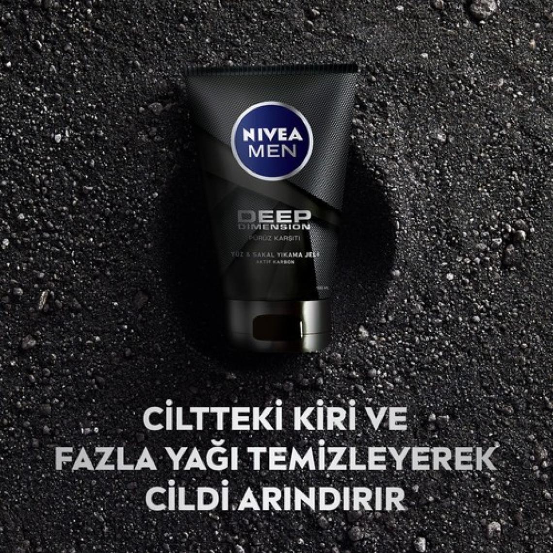 NIVEA Men Deep Dimension Yüz ve Sakal Temizleme Jeli 100ml, Aktif Karbon İçeriği ile Cildi Arındırır